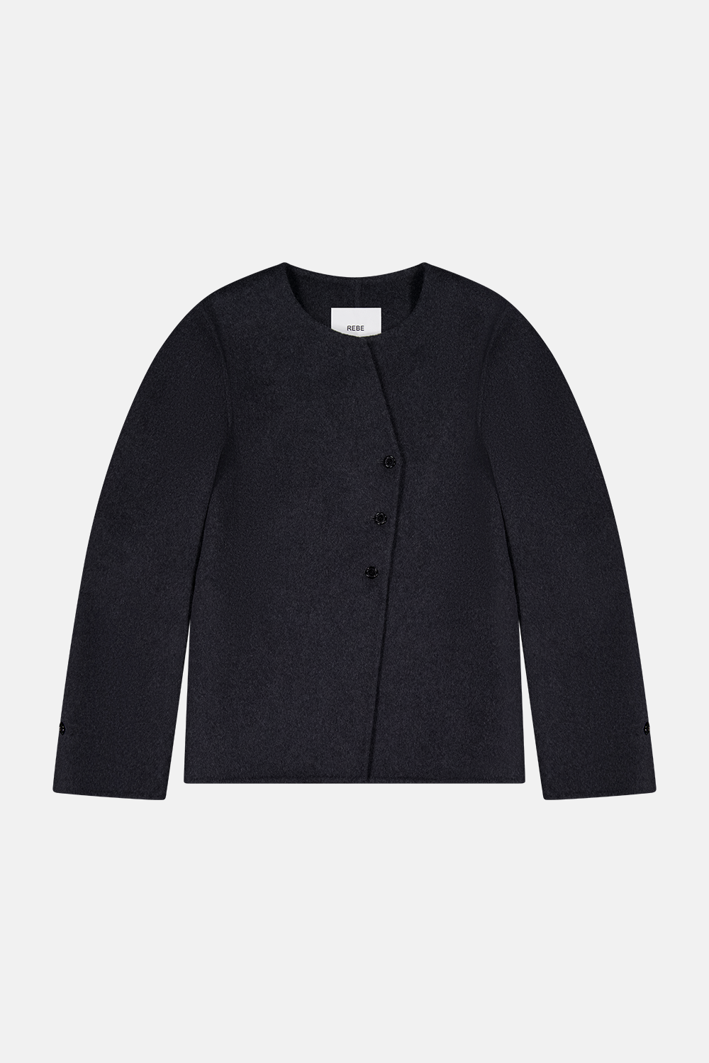 REBE’s cropped charcoal Coco Jacket displayed flat, showing clean lines, structured shoulders, and rich fabric texture.