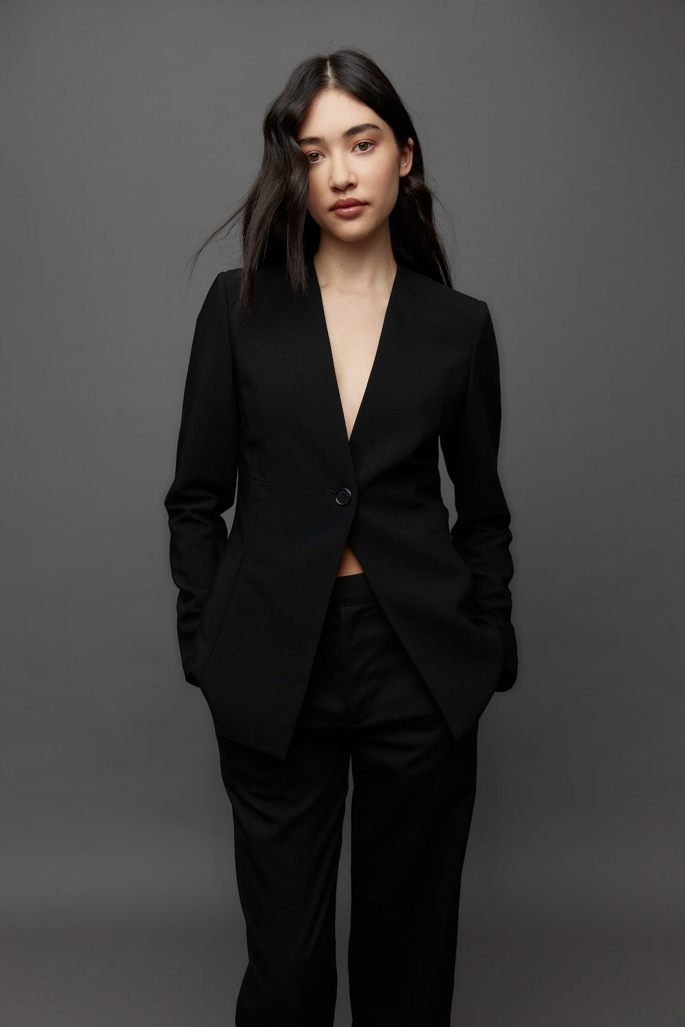 Collarless black blazer hotsell