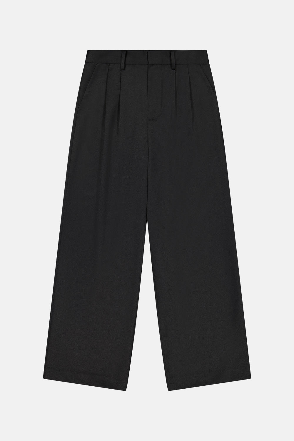 Flat lay of REBE’s Double Pleated Trouser in black, featuring a wide-leg silhouette with front pleats and belt loops.