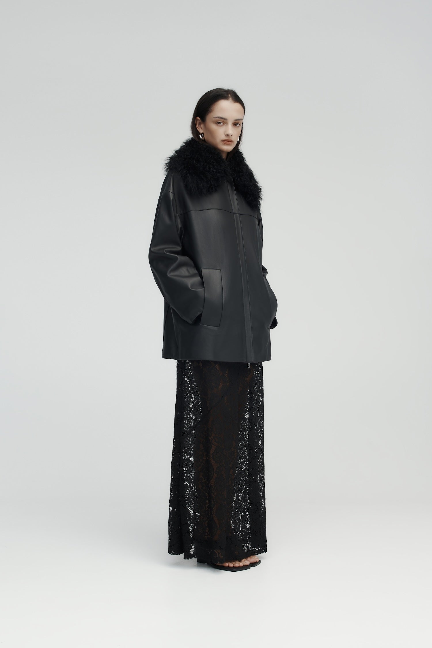 Shearling-Collar Leather Jacket