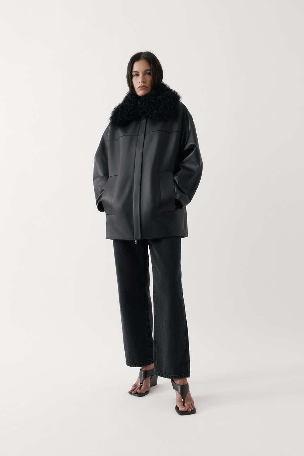 Shearling-Collar Leather Jacket
