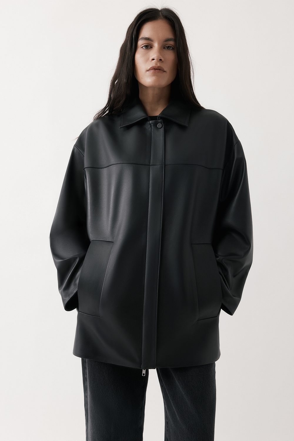 Shearling-Collar Leather Jacket
