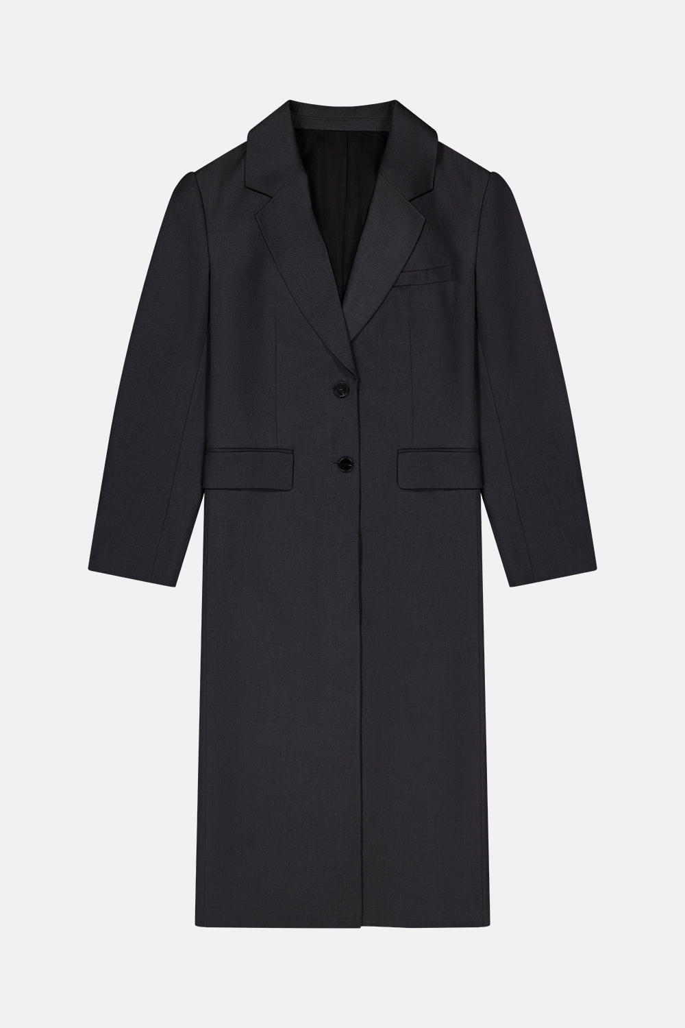 REBE Icon Coat in charcoal laid flat to show full silhouette, structured shoulders, and button front.
