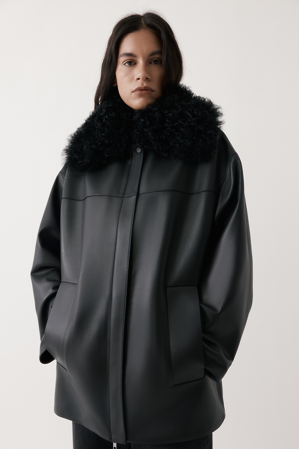 Shearling-Collar Leather Jacket